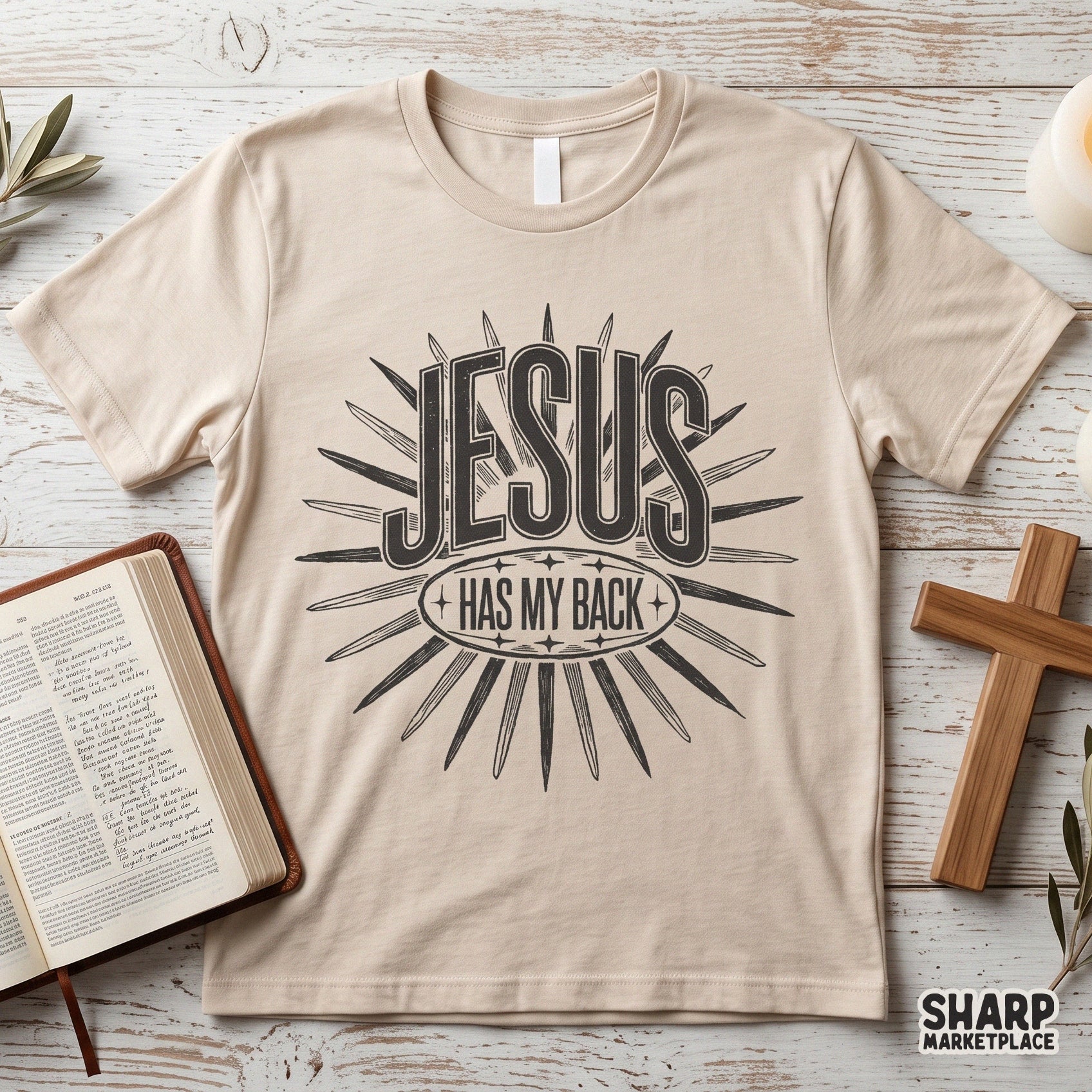 Retro Jesus Has My Back PNG featuring a vintage sunburst design for Christian faith-based t-shirts and sublimation projects