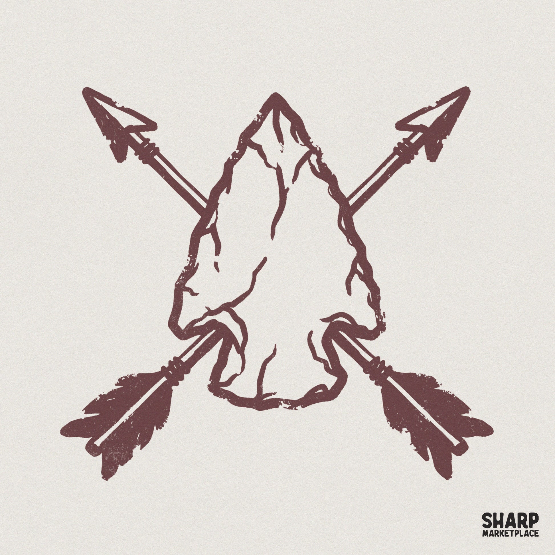 Vintage maroon stone arrowhead design with two crossed feathered arrows, featuring a distressed rustic texture for western apparel and sublimation projects.