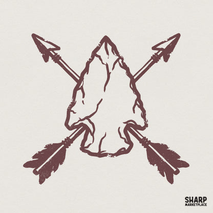 Vintage maroon stone arrowhead design with two crossed feathered arrows, featuring a distressed rustic texture for western apparel and sublimation projects.