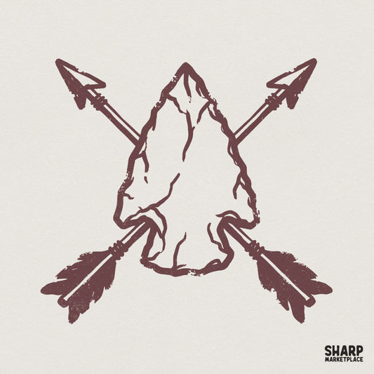 Vintage maroon stone arrowhead design with two crossed feathered arrows, featuring a distressed rustic texture for western apparel and sublimation projects.