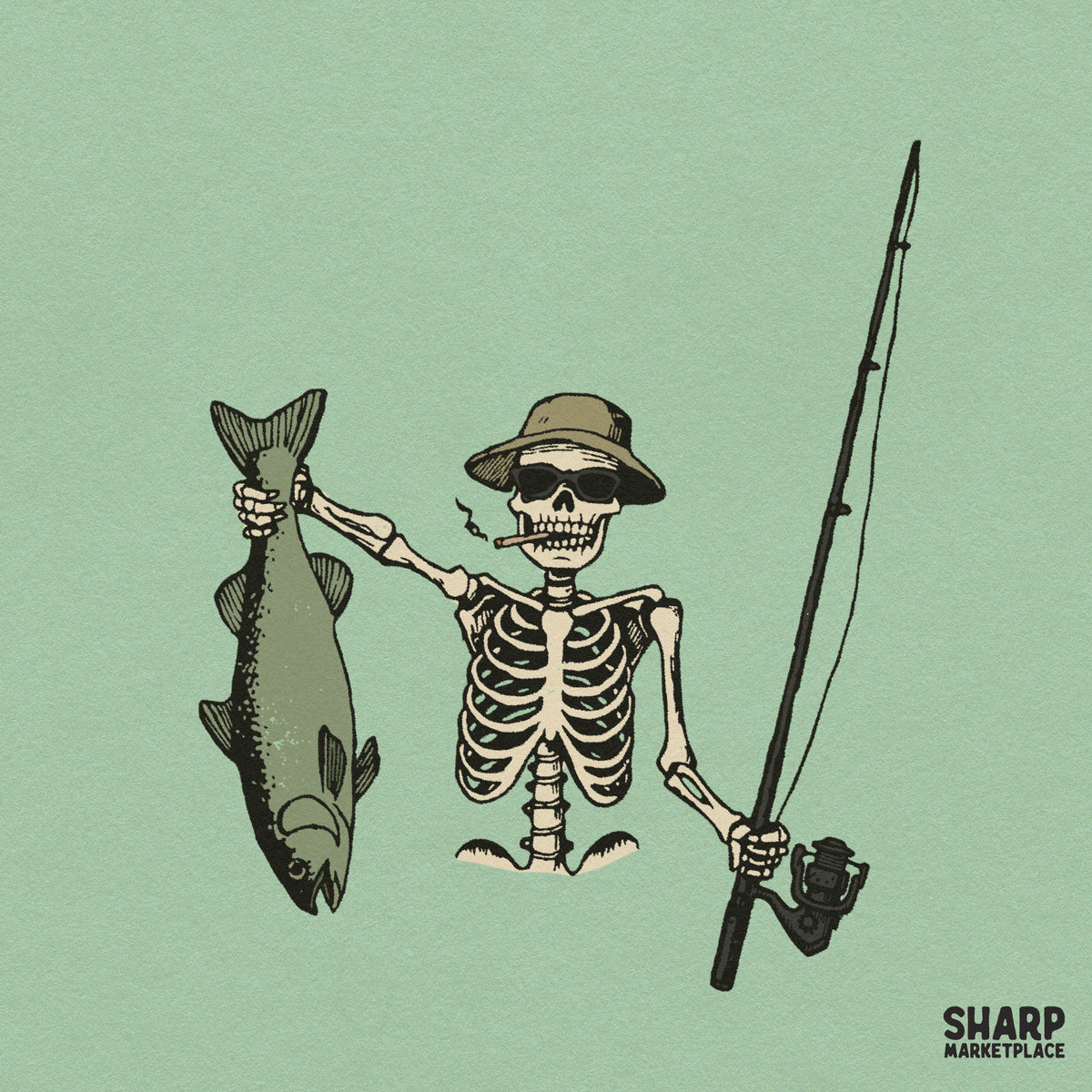 Cool skeleton in bucket hat holding fish and rod PNG graphic for funny summer fishing t-shirts and sublimation