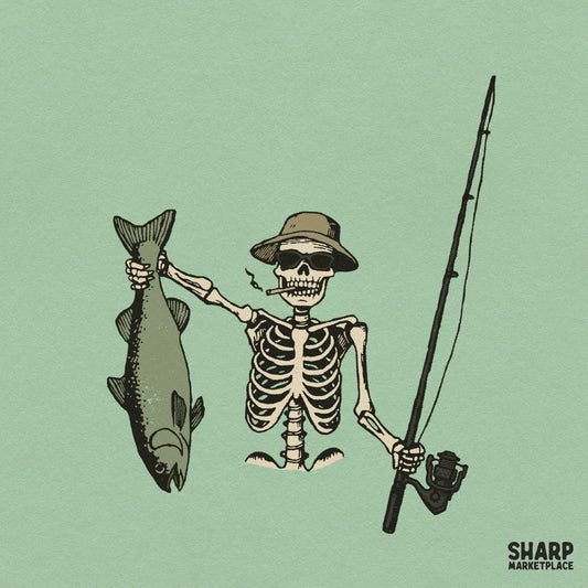 Cool skeleton in bucket hat holding fish and rod PNG graphic for funny summer fishing t-shirts and sublimation