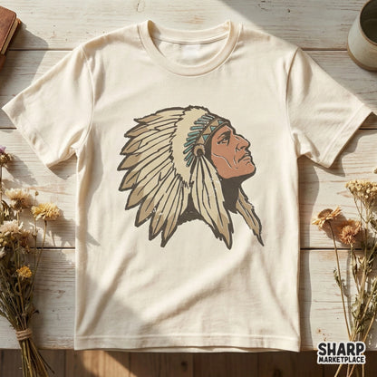 Distressed vintage tribal warrior graphic featuring a feathered headdress, displayed as a digital print on a cream-colored t-shirt mockup.