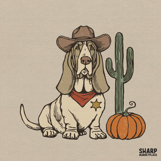 Retro western Basset Hound sheriff wearing a cowboy hat with pumpkin and cactus for fall shirt designs