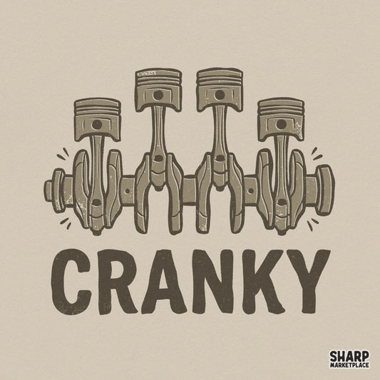 Vintage style engine piston illustration with the word Cranky in bold block letters, featuring a distressed brown monochromatic design for apparel.