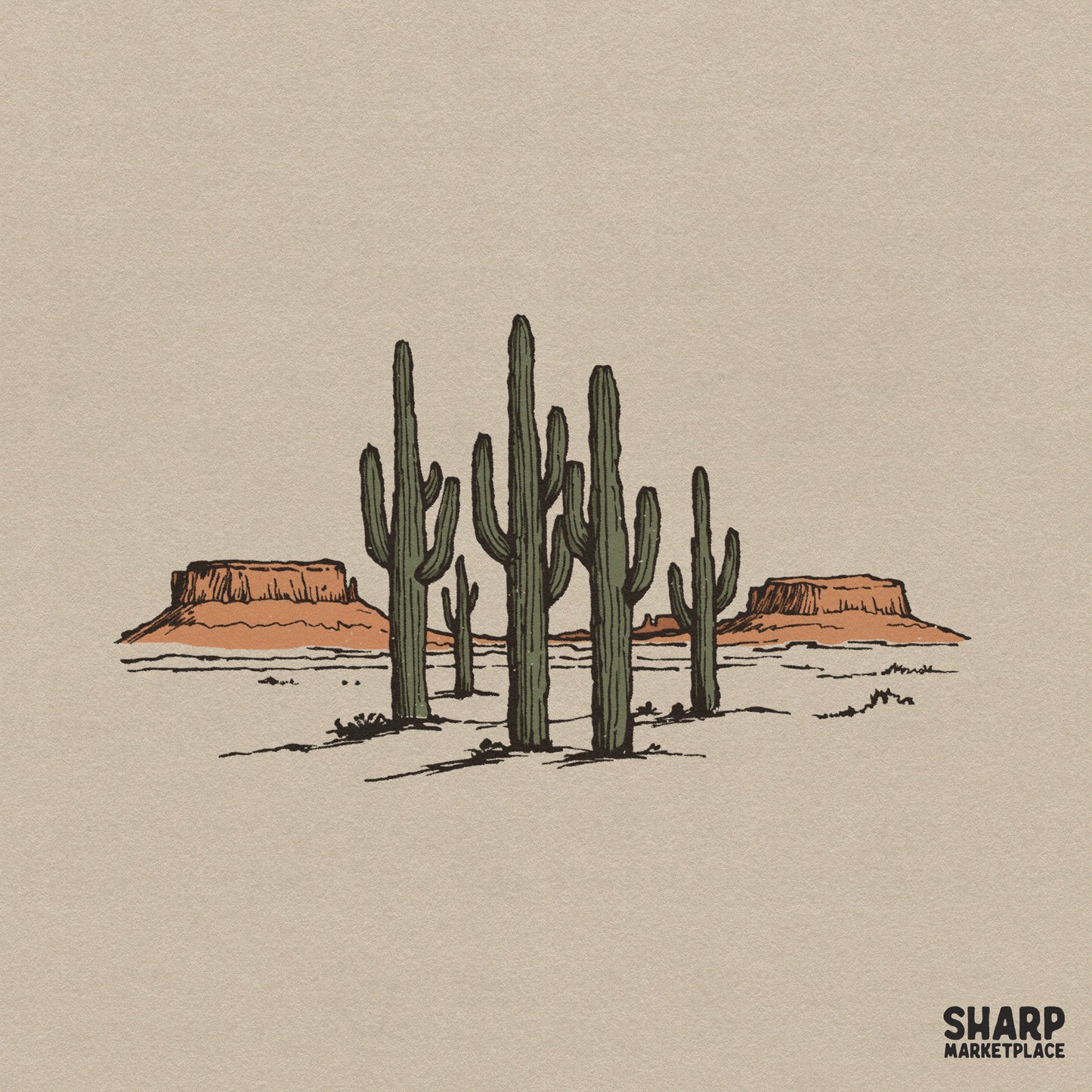 Retro Saguaro cactus desert landscape illustration for Western sublimation shirts and wild west nature art prints