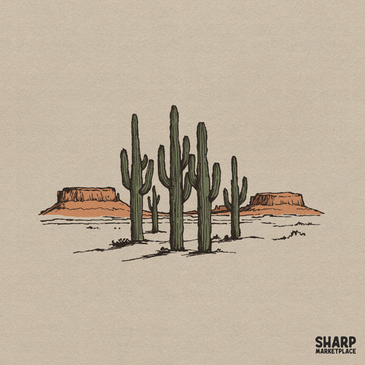 Retro Saguaro cactus desert landscape illustration for Western sublimation shirts and wild west nature art prints