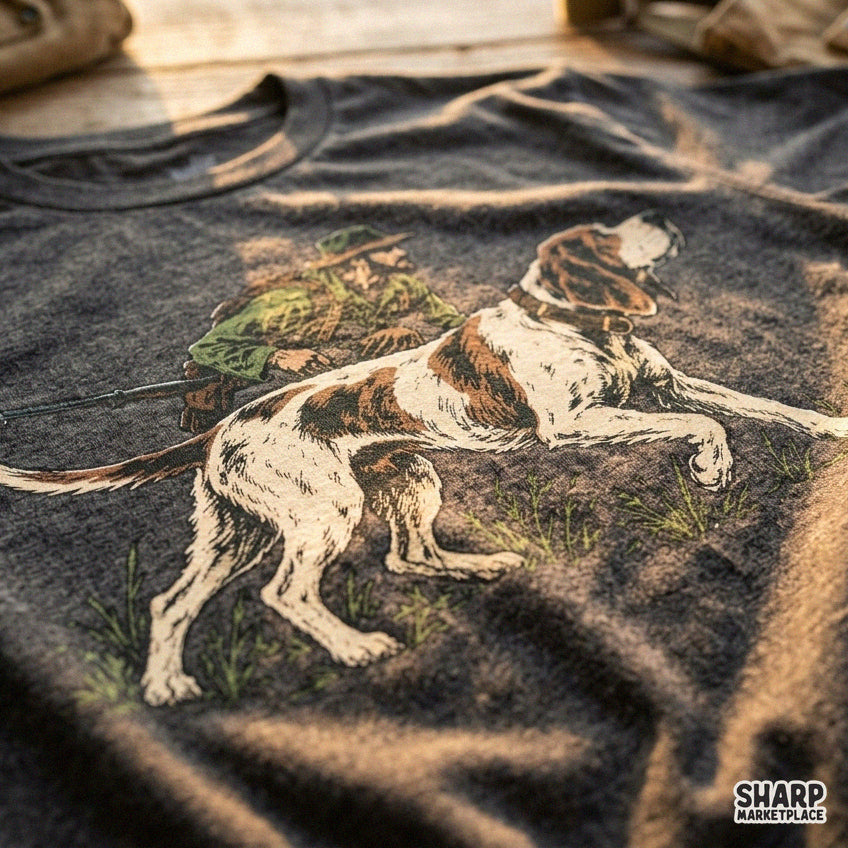 Pointer dog leading a rifle hunter in the wilderness, classic western hunting PNG design for shirt sublimation