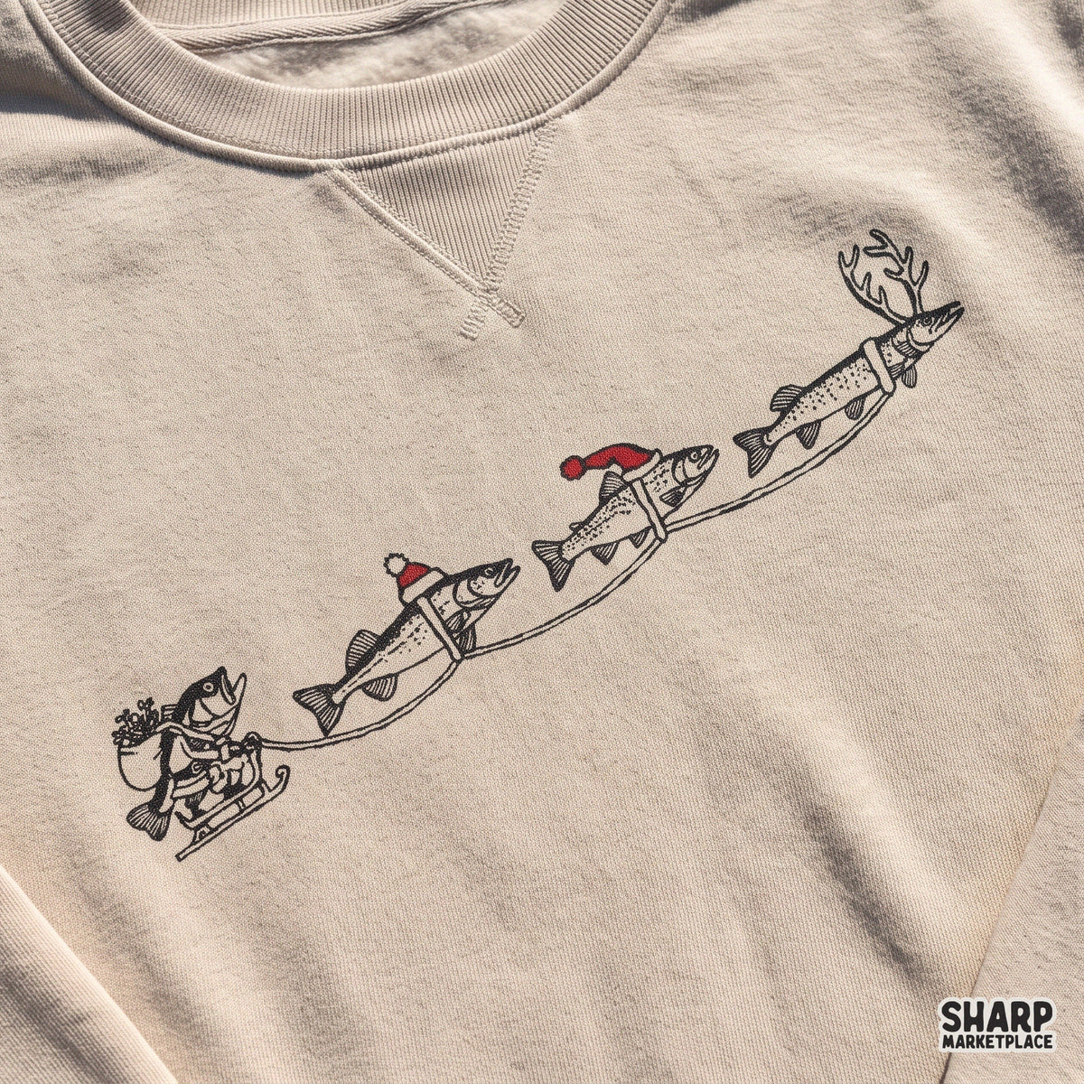 Santa bass in a sleigh pulled by flying reindeer trout Christmas fishing PNG clip art for t-shirts