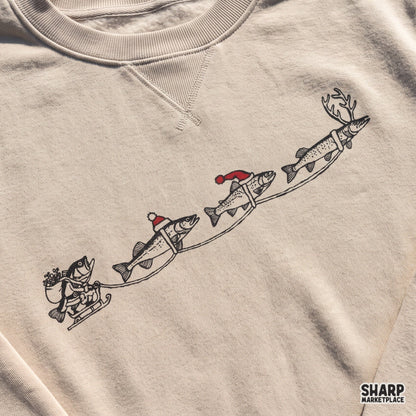 Santa bass in a sleigh pulled by flying reindeer trout Christmas fishing PNG clip art for t-shirts