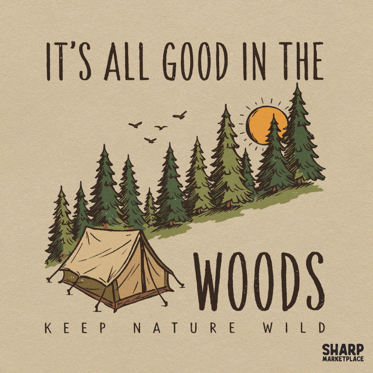 Retro camping tent and pine tree scene sublimation PNG design for outdoor adventure t-shirts