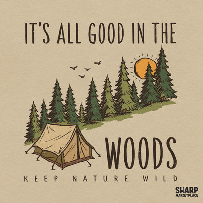 Retro camping tent and pine tree scene sublimation PNG design for outdoor adventure t-shirts