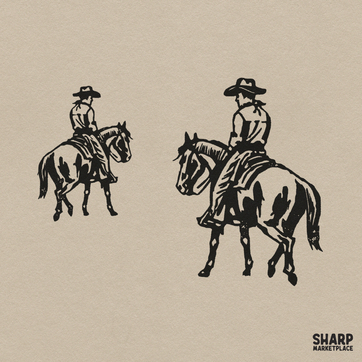 Two cowboys riding horses on a trail linocut ranch graphic for western t-shirt sublimation