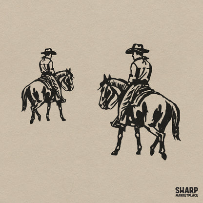 Two cowboys riding horses on a trail linocut ranch graphic for western t-shirt sublimation