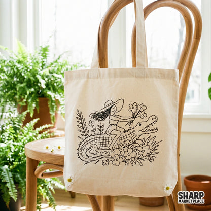 Detailed line art design of a girl riding a gator with floral elements, perfect for printable wall art, apparel, and DIY nature crafts.