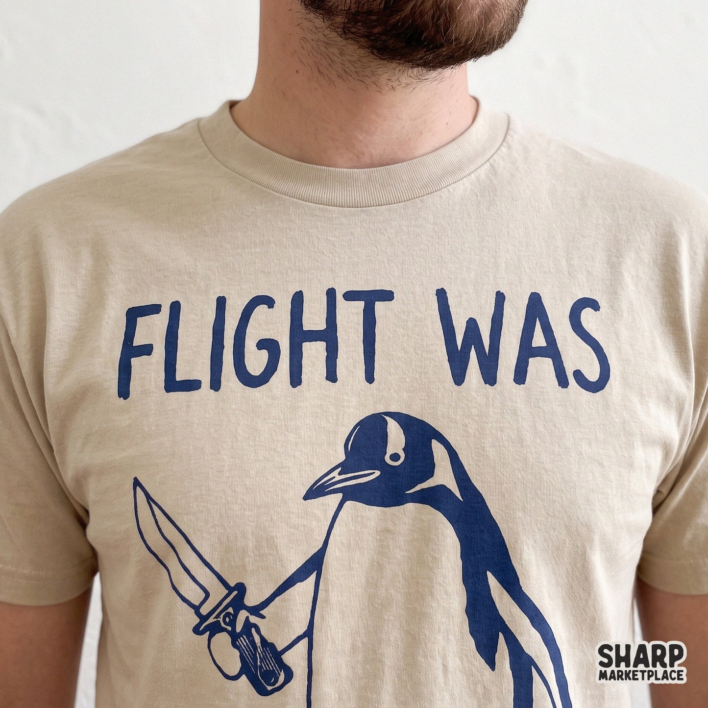 Funny sarcastic penguin holding a knife with Flight Was Never An Option text for sublimation shirt designs and tumblers