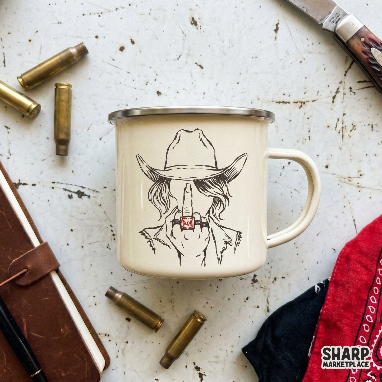 Vintage-style outlaw cowgirl sketch with a bold red ring accent, designed for print-on-demand clothing, posters, or western-themed craft projects.