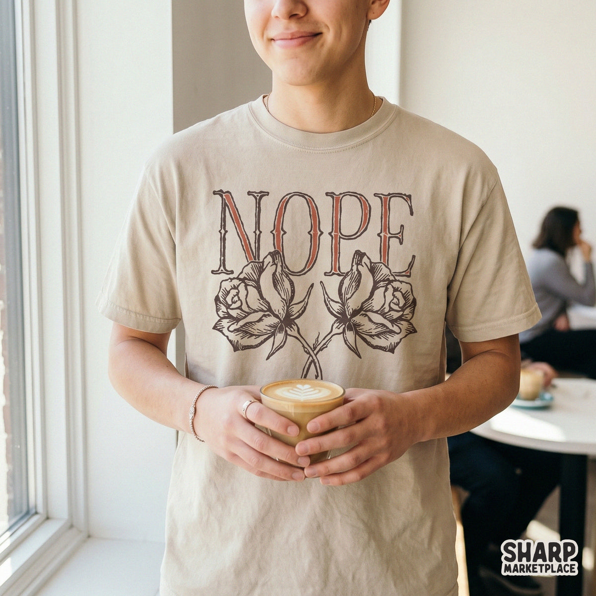 Sarcastic floral PNG design showing the word NOPE in a retro red font centered above a detailed, rustic woodcut illustration of two roses.