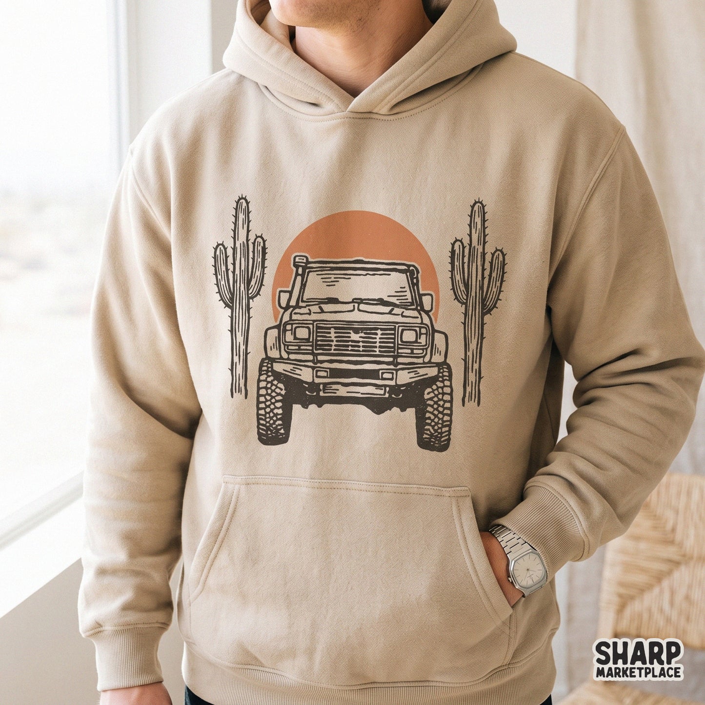 Retro desert offroad truck with cacti and sun illustration western PNG for adventure vehicle shirt designs and 4x4 wall art