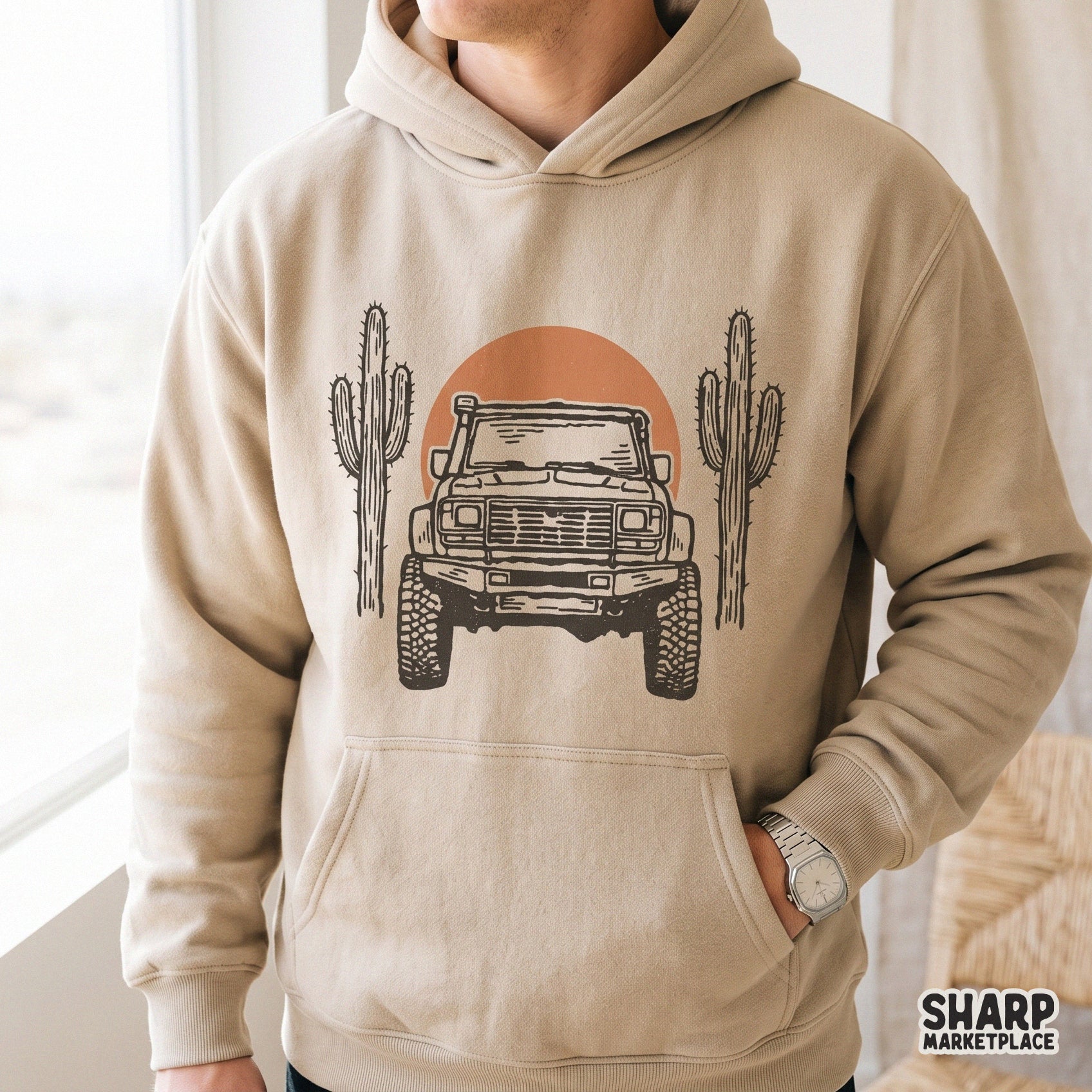 Retro desert offroad truck with cacti and sun illustration western PNG for adventure vehicle shirt designs and 4x4 wall art