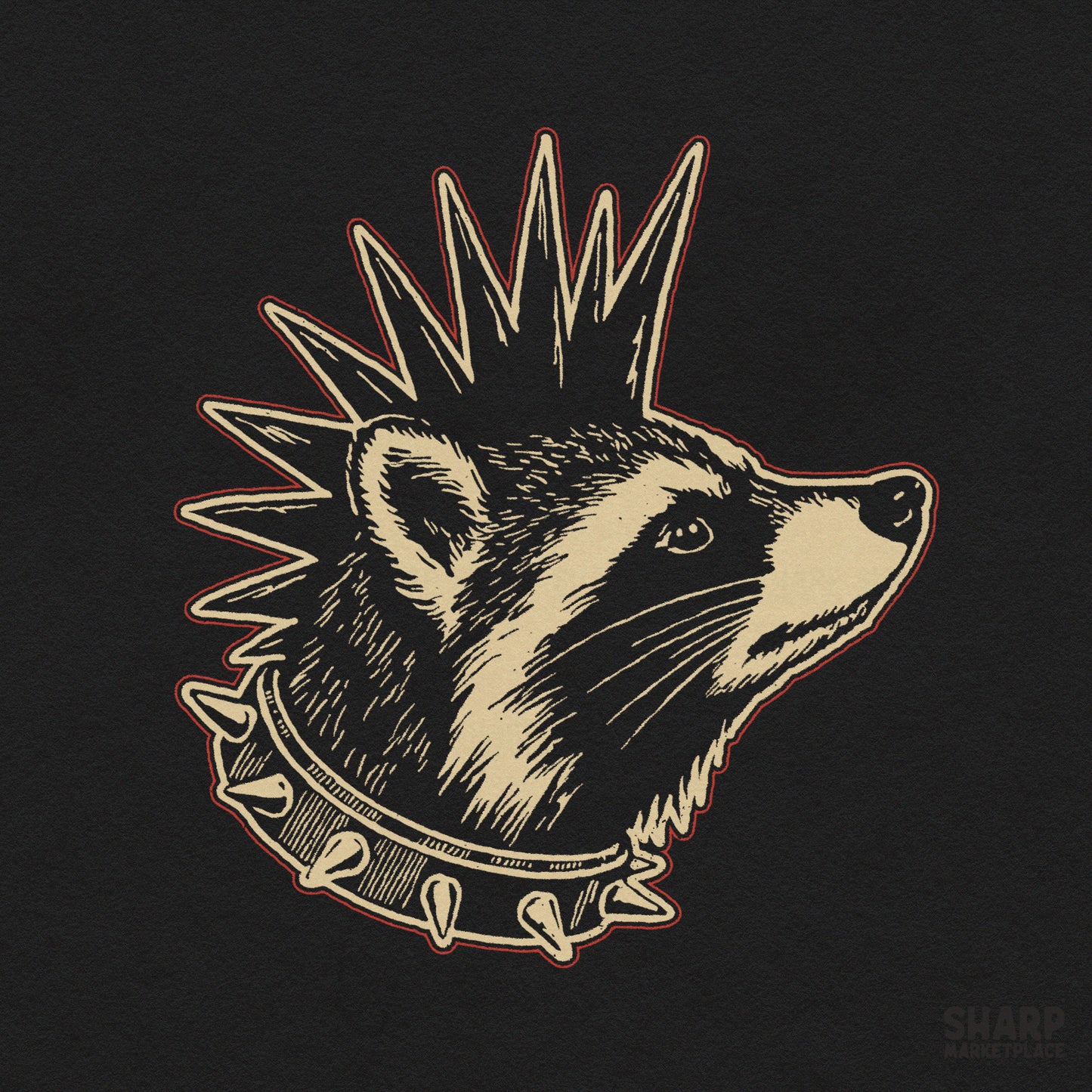 Edgy punk raccoon wearing a mohawk and spiked collar for streetwear t-shirt sublimation and funny animal memes