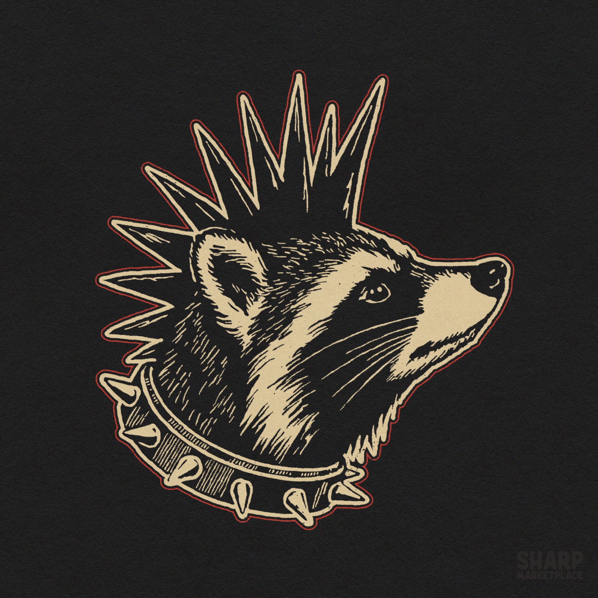 Edgy punk raccoon wearing a mohawk and spiked collar for streetwear t-shirt sublimation and funny animal memes
