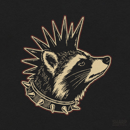 Edgy punk raccoon wearing a mohawk and spiked collar for streetwear t-shirt sublimation and funny animal memes