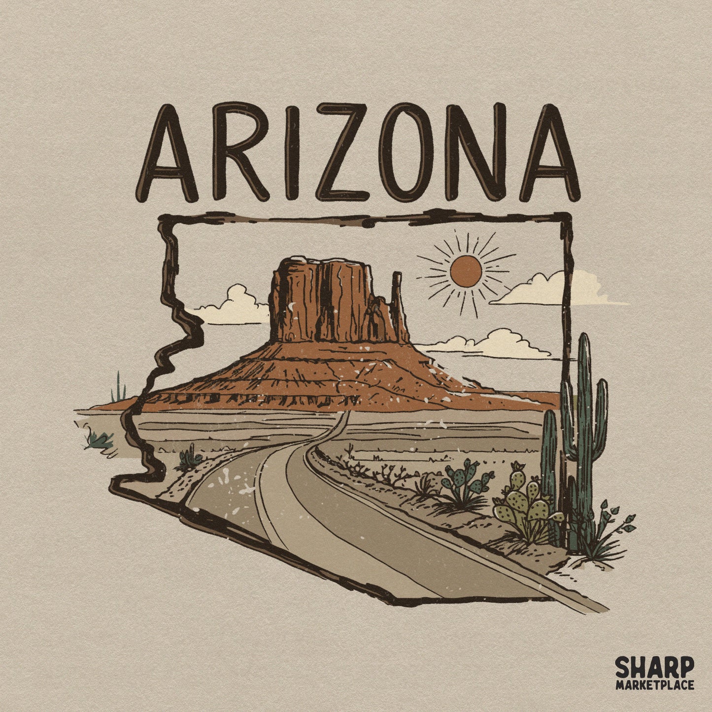 Arizona state silhouette design featuring a desert highway leading to sandstone buttes with cacti and a stylized sun in earthy rust and sage tones.