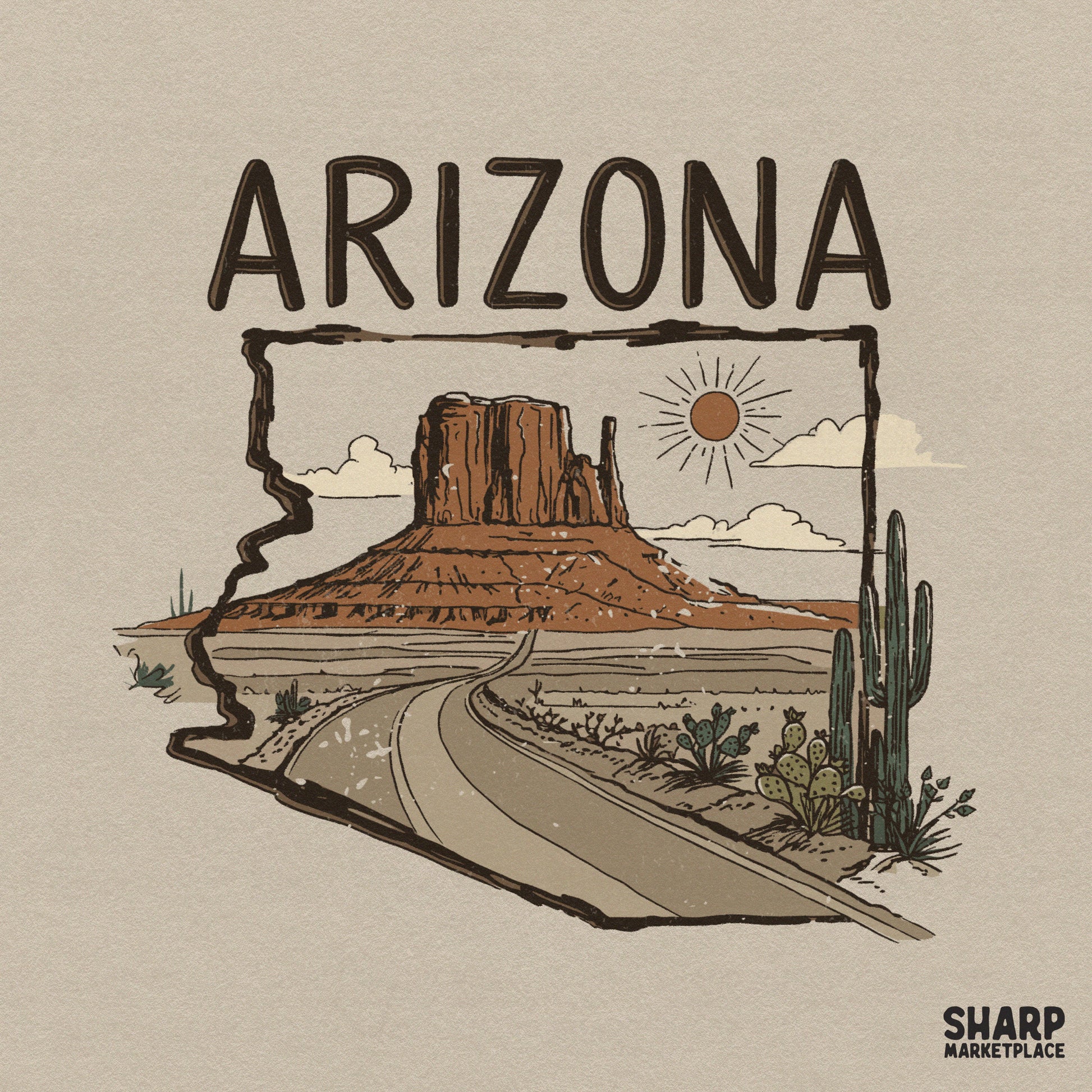Arizona state silhouette design featuring a desert highway leading to sandstone buttes with cacti and a stylized sun in earthy rust and sage tones.