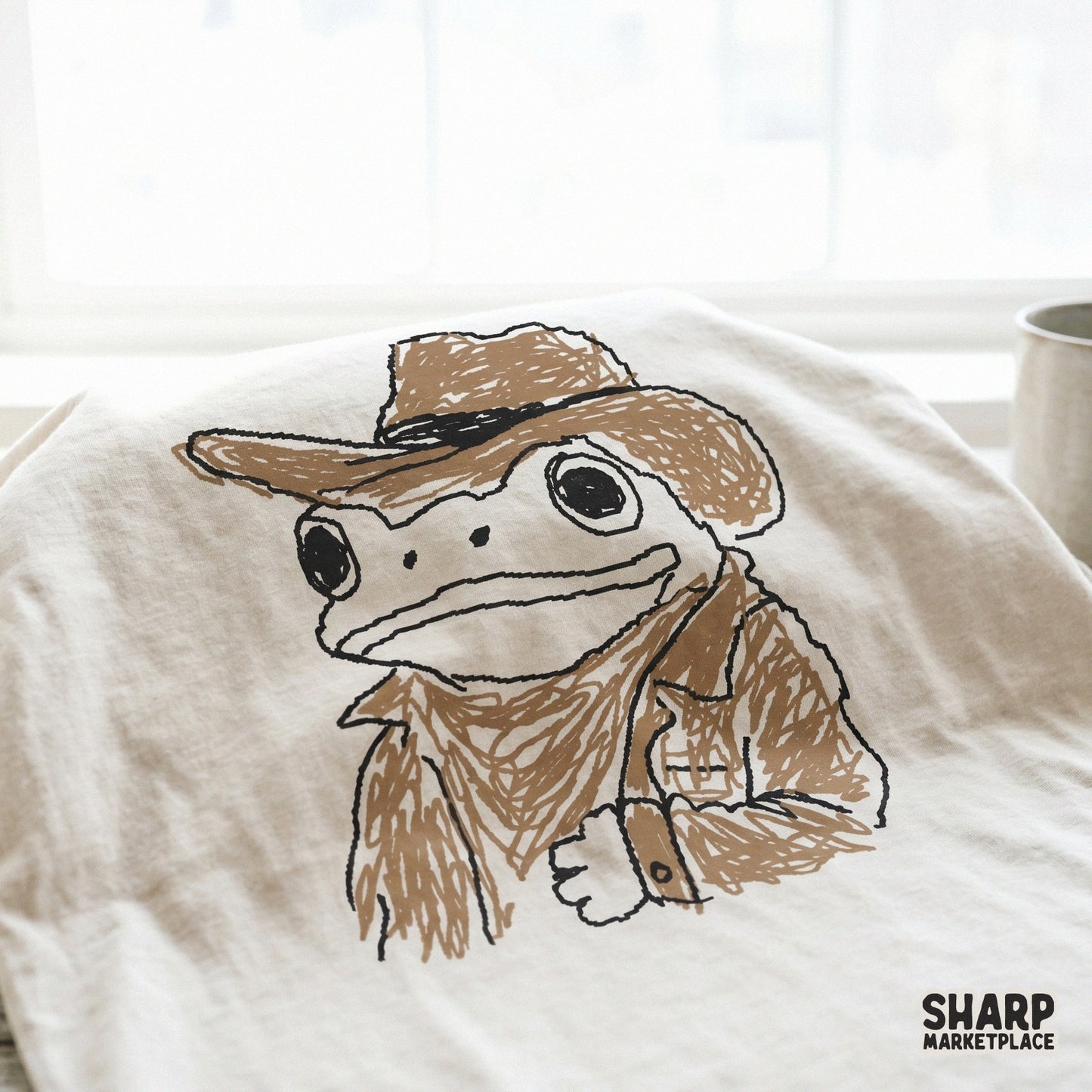 Charming western frog character in a cowboy hat and rancher attire, perfect for rustic country-themed sublimation or apparel designs.