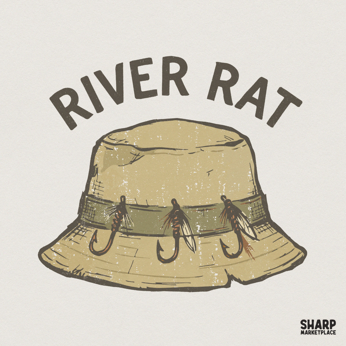 Vintage style River Rat fishing design featuring a tan bucket hat with three fly lures and dark charcoal arched text for sublimation projects.