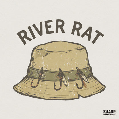 Vintage style River Rat fishing design featuring a tan bucket hat with three fly lures and dark charcoal arched text for sublimation projects.