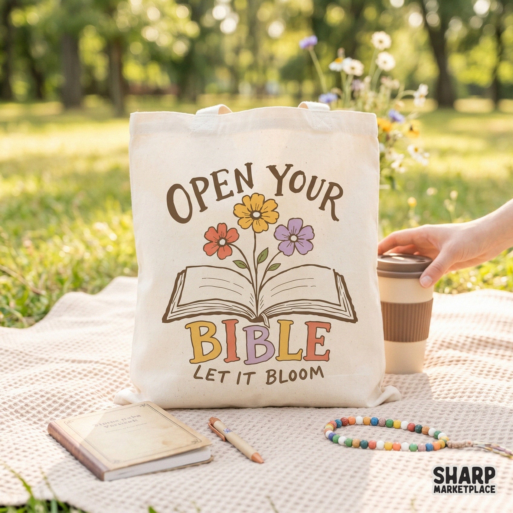 Floral scripture art with an open book illustration and colorful flowers, perfect for faith-based t-shirt prints, stickers, and DIY crafts.