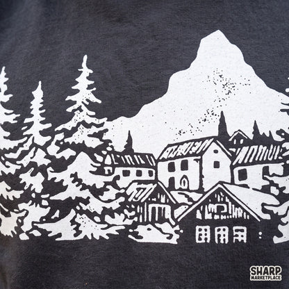 Retro white winter mountain landscape silhouette with cabins and pine trees PNG for camping and t-shirt designs