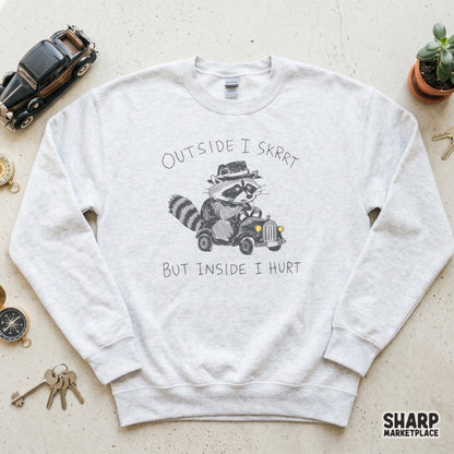 Trendy raccoon meme digital design featuring a tiny driver in a vintage car, ideal for custom apparel, sublimation tumblers, and funny stickers.