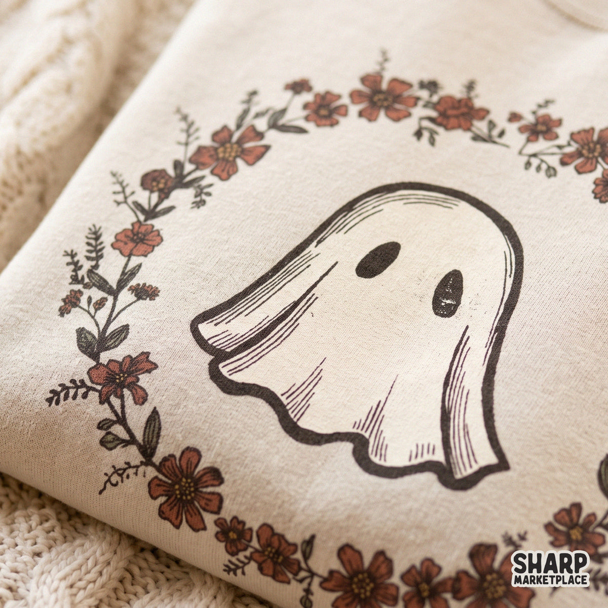 Cute ghost inside a floral wreath kawaii autumn Halloween PNG design for t-shirt sublimation and apparel