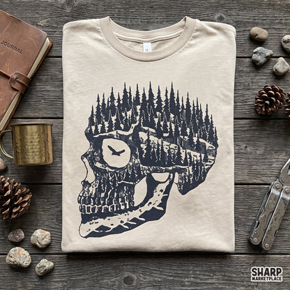 Spooky skull profile silhouette featuring a dark forest and flying bird, ideal halloween png for retro t-shirt designs