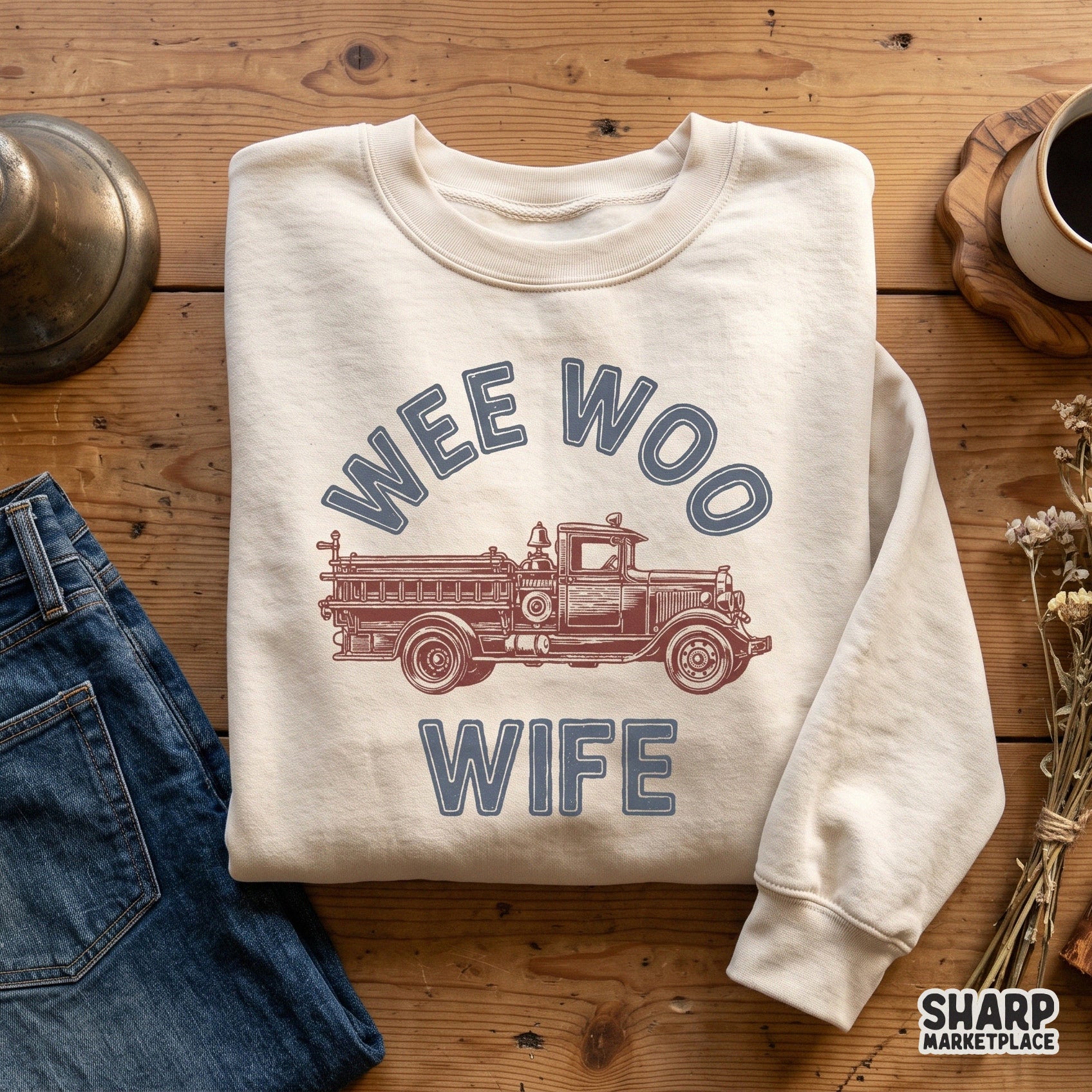 Retro firefighter wife and fire engine sublimation design for funny mom t-shirts and tumblers