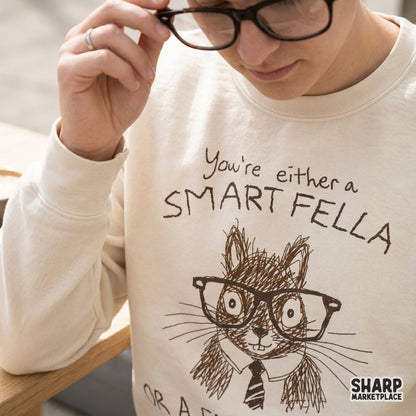 Quirky hand-drawn squirrel character with glasses and a tie, designed for print-on-demand items like t-shirts, tumblers, and wall art with a humorous aesthetic.