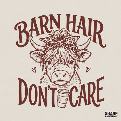 Whimsical Highland cow illustration with a leopard print bandana, messy bun, and coffee cup, featuring the rustic text Barn Hair Don’t Care for DIY projects.