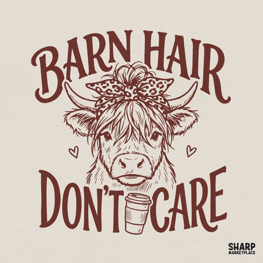 Whimsical Highland cow illustration with a leopard print bandana, messy bun, and coffee cup, featuring the rustic text Barn Hair Don’t Care for DIY projects.