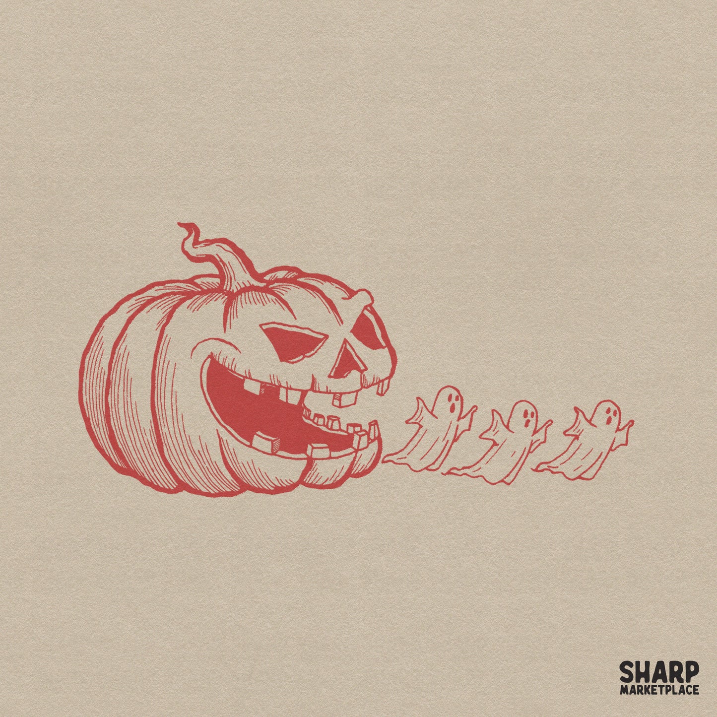 Red monochrome jack o lantern spitting cute ghosts spooky season halloween png for retro fall apparel and sublimation designs