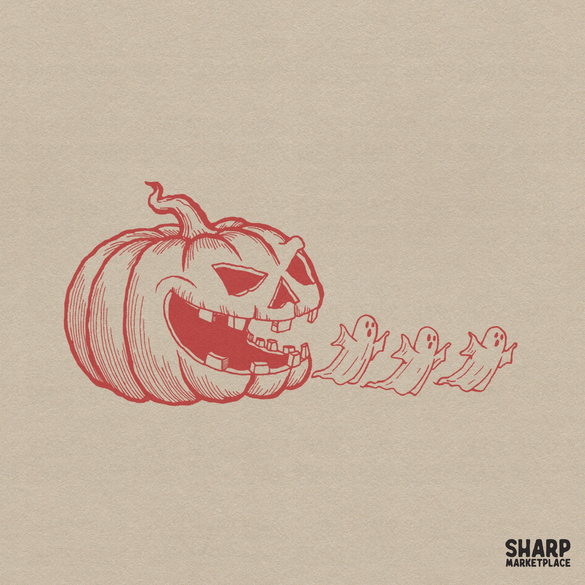 Red monochrome jack o lantern spitting cute ghosts spooky season halloween png for retro fall apparel and sublimation designs