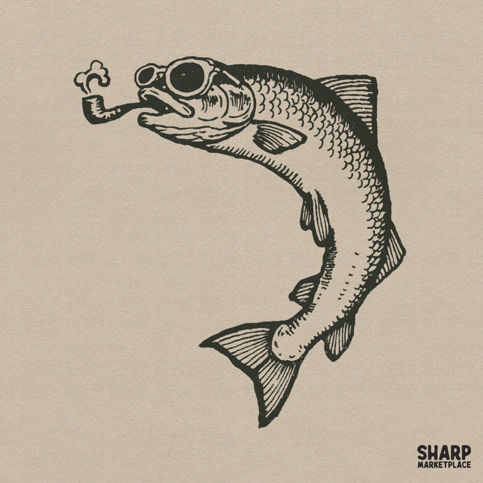 Vintage fish smoking a pipe with sunglasses in a retro funny style for fishing sublimation and sarcastic t-shirt designs