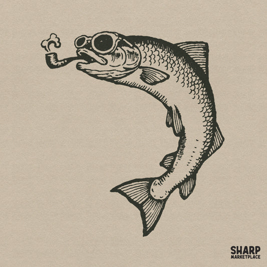 Vintage fish smoking a pipe with sunglasses in a retro funny style for fishing sublimation and sarcastic t-shirt designs