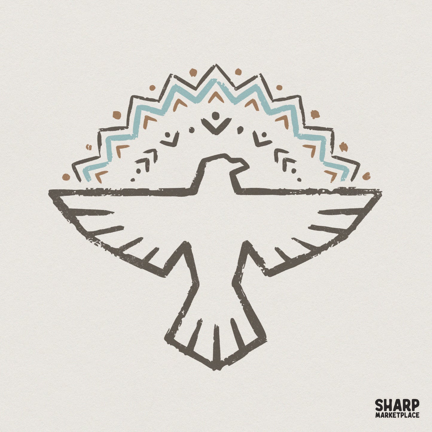 Minimalist thunderbird silhouette with a geometric chevron and dot crown in terracotta, turquoise, and charcoal for boho apparel or wall art.