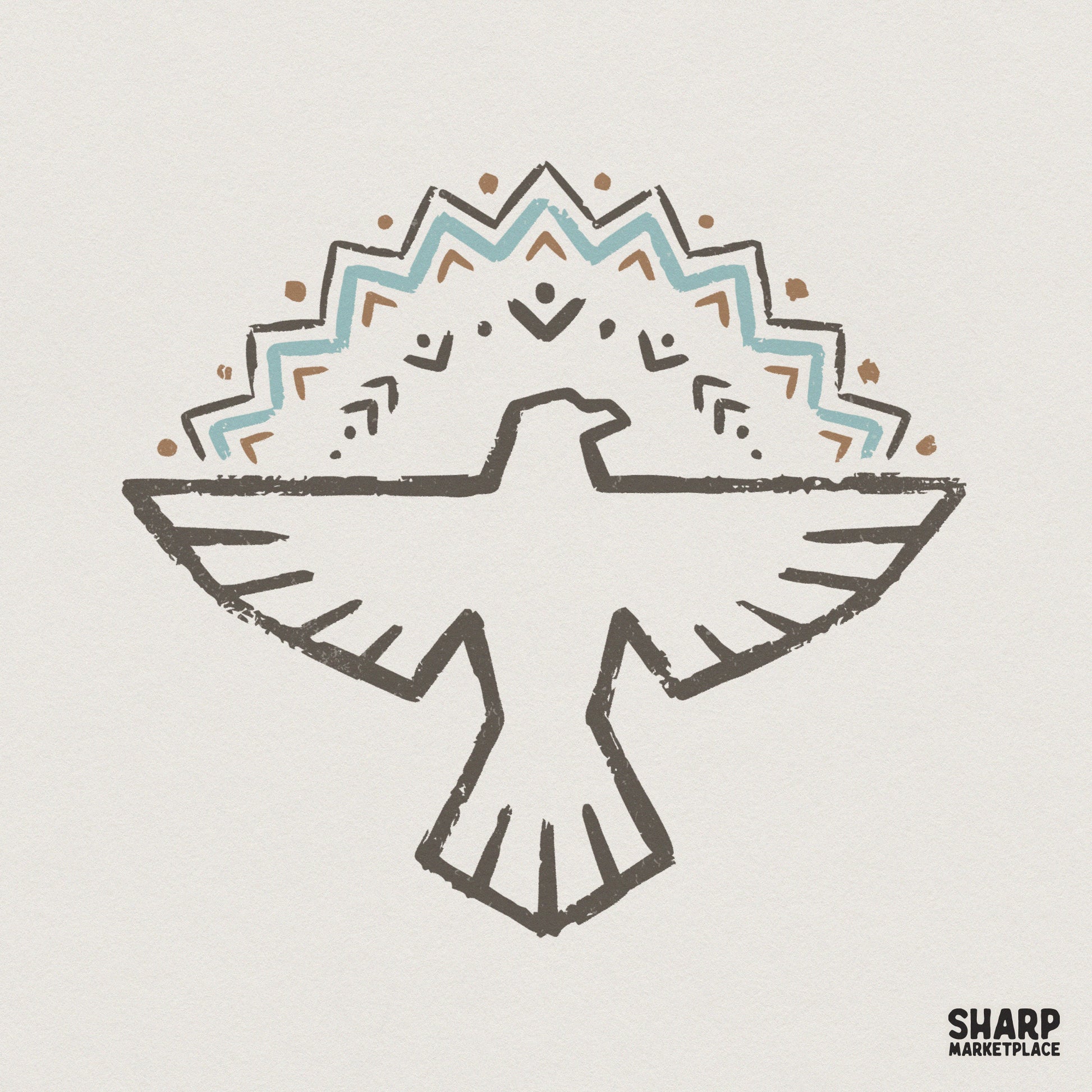 Minimalist thunderbird silhouette with a geometric chevron and dot crown in terracotta, turquoise, and charcoal for boho apparel or wall art.