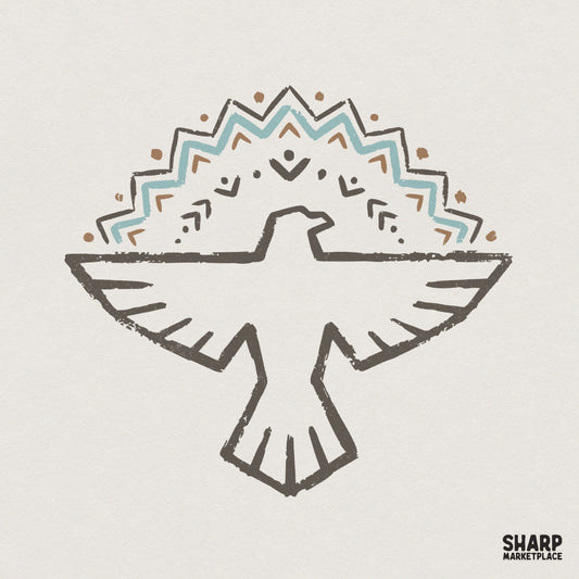 Minimalist thunderbird silhouette with a geometric chevron and dot crown in terracotta, turquoise, and charcoal for boho apparel or wall art.