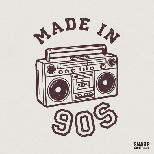Retro 90s digital design featuring a hand-drawn boombox illustration with dark brown distressed text reading Made In 90s for apparel sublimation.