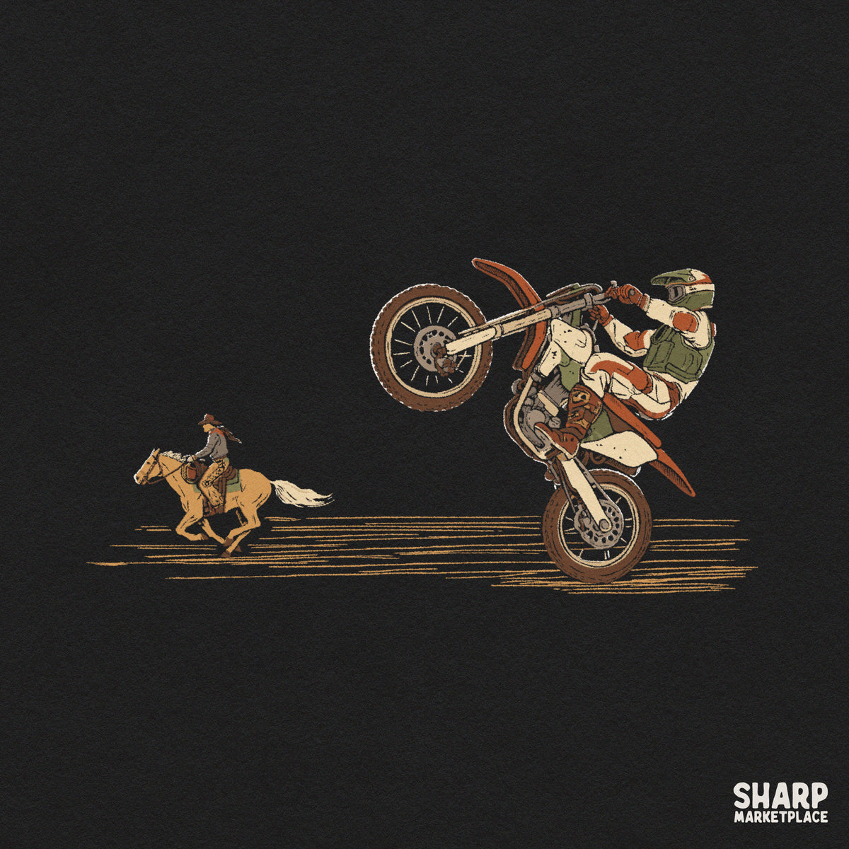 Retro motocross dirt bike rider racing a horseback cowboy in western PNG design for t-shirts